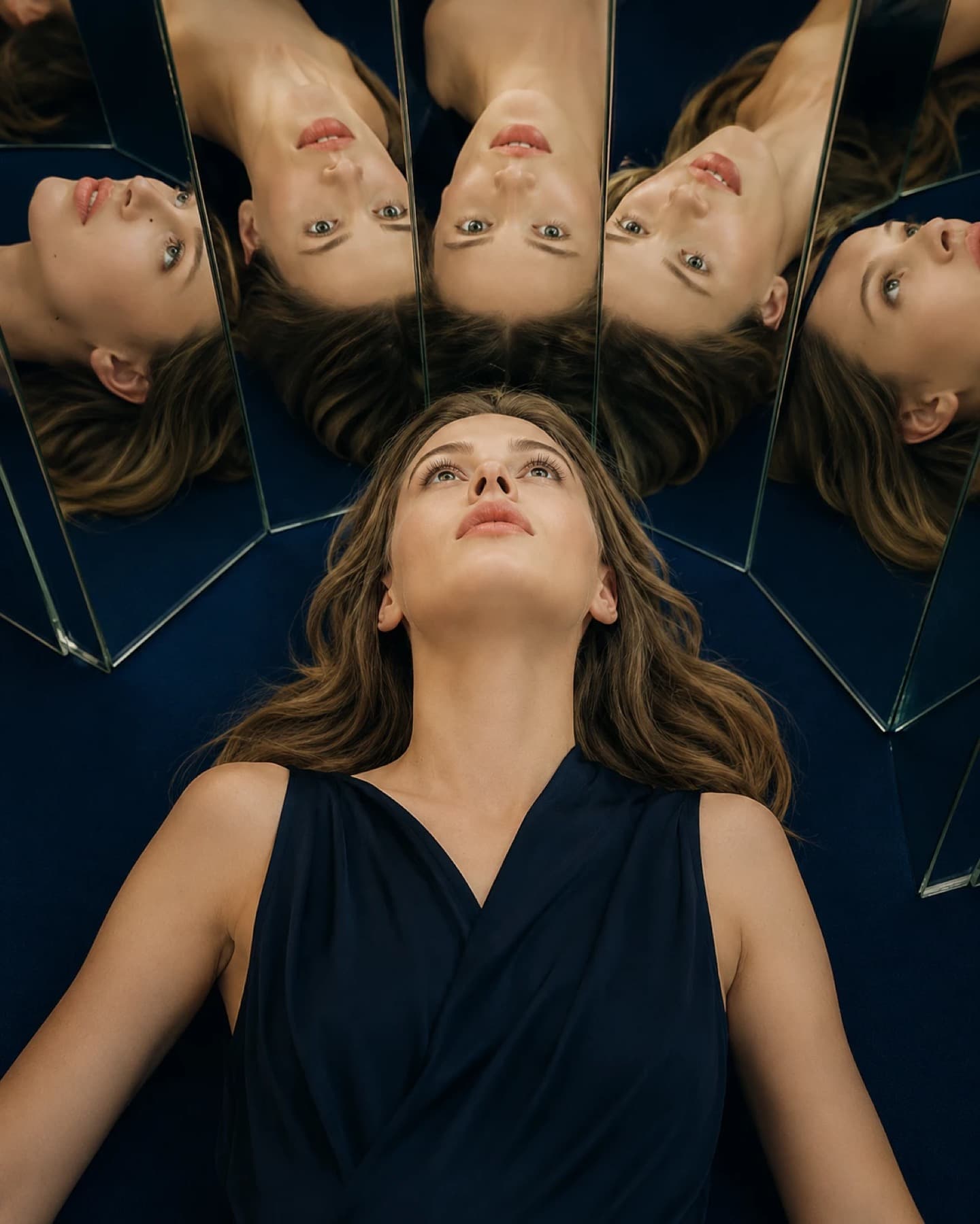 A woman surrounded by mirrored reflections of herself